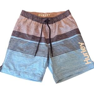 Hurley | Mens Medium | Striped Board Shorts | Blue Grey Swim Trunks | Liner